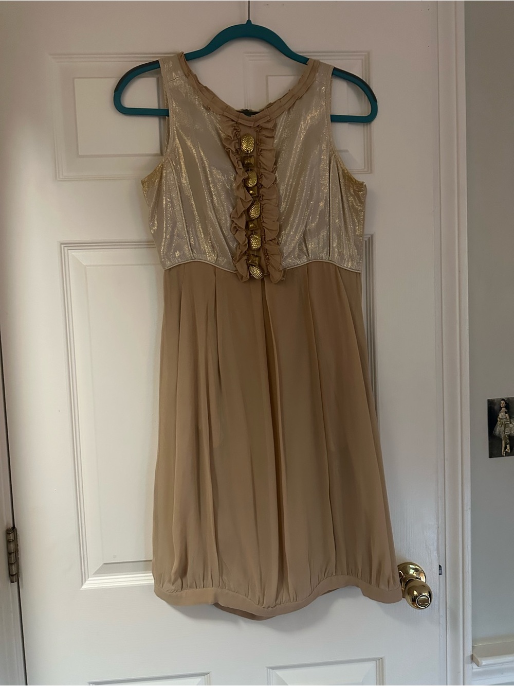 Reid’s UK Gold and Taupe Ruffle Front Sleeveless Dress